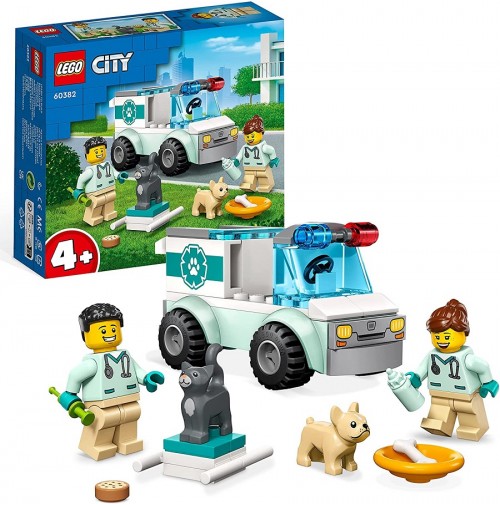 LEGO 60382 City Furgoncino di Soccorso del Veterinario con Ambulanza Giocattolo, 2 Minifigure e Figure di Animali, Giochi per Bambini dai 4 Anni in su